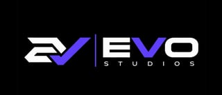 EVO Studios logo with white and blue geometric design on black background